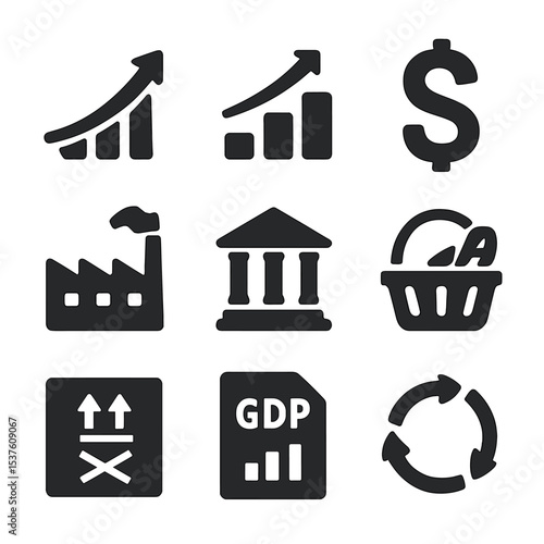 Economic Growth Icons. Solid, filled icons set of GDP and economic growth: rising graph, bar chart, dollar