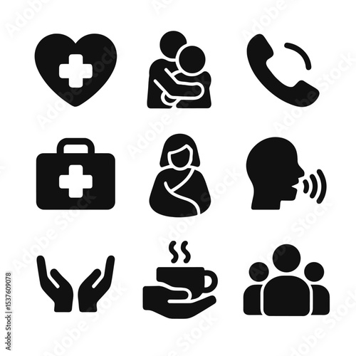 Caring Crisis Icons. Solid, filled icons set of caring in crisis: first aid heart, emergency hug, hotline