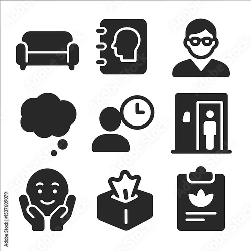 Therapy Icons Grid. Solid, filled icons set of therapy and counseling: couch, notebook, therapist icon,