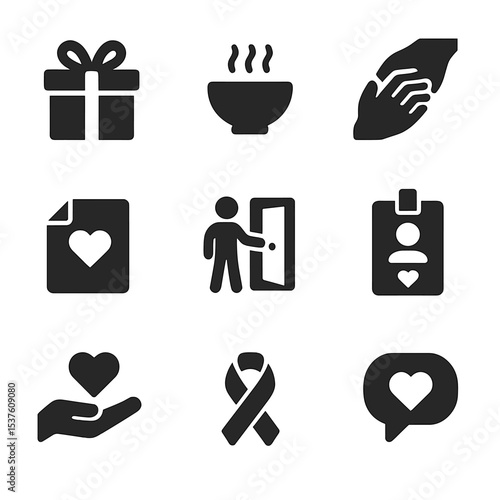 Acts of Kindness Icons. Solid, filled icons set of acts of kindness: gift box, warm meal, helping hand, kind
