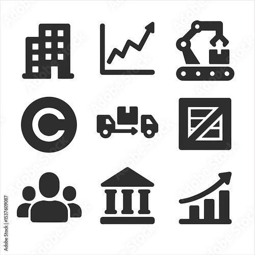 Business Icon Grid. Solid, filled icons set of business and industry impact: office building, stock chart,