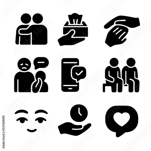 Support Icons Set. Solid, filled icons set of supporting someone through sadness: hand on back, tissue pass,