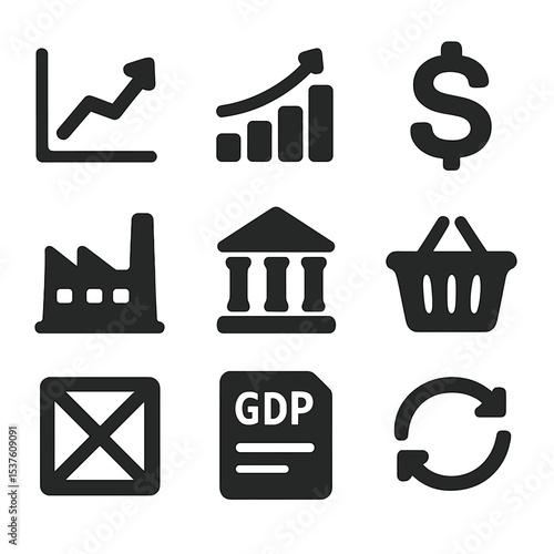 Economic Growth Icons. Solid, filled icons set of GDP and economic growth: rising graph, bar chart, dollar