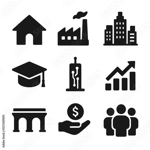 Economic Development Icons. Solid, filled icons set of economic development stages: village hut, factory rise,