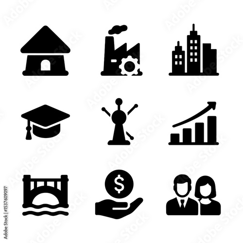 Economic Development Icons. Solid, filled icons set of economic development stages: village hut, factory rise,