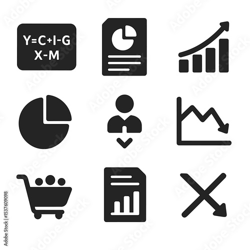 Macroeconomic Icons Grid. Solid, filled icons set of macroeconomic analysis: GDP formula, economic report,