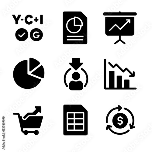 Macroeconomic Icons Grid. Solid, filled icons set of macroeconomic analysis: GDP formula, economic report,