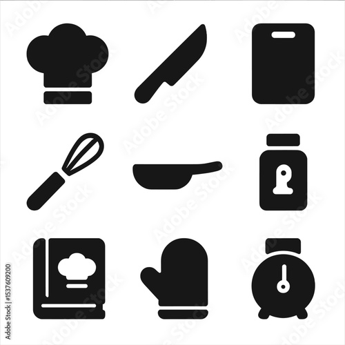 Culinary Icons Grid. Solid, filled icons set of cooking sections and culinary skills development: chef hat,