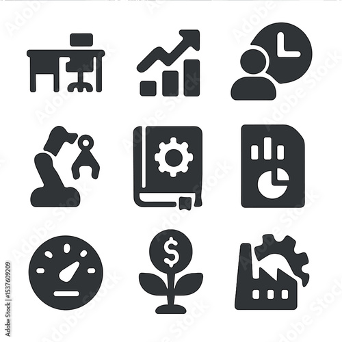 Economic Productivity Icons. Solid, filled icons set of economic productivity: work desk, output arrow, labor