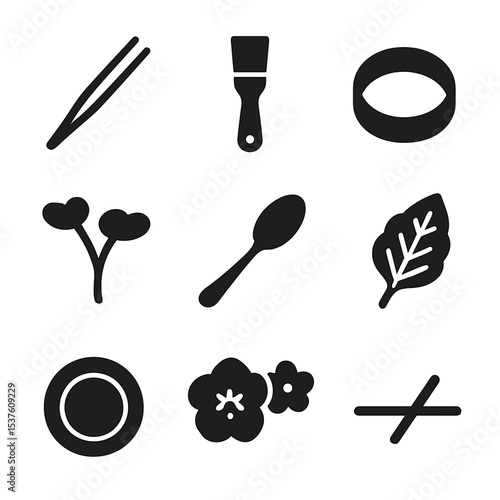 Food Plating Tools. Solid, filled icons set of food plating and presentation: tweezers, sauce brush, plating