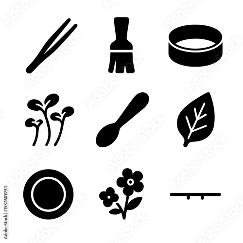 Food Plating Tools. Solid, filled icons set of food plating and presentation: tweezers, sauce brush, plating