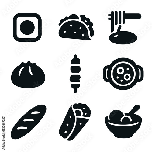 International Cuisine Icons. Solid, filled icons set of international cuisine sections: sushi roll, taco,