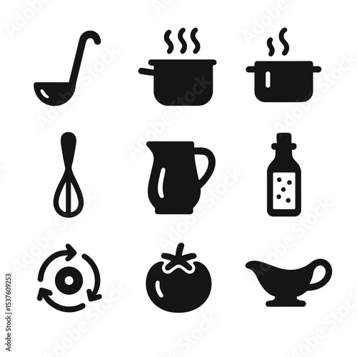 Sauce Making Icons. Solid, filled icons set of sauce making techniques: ladle, saucepan, reduction steam,