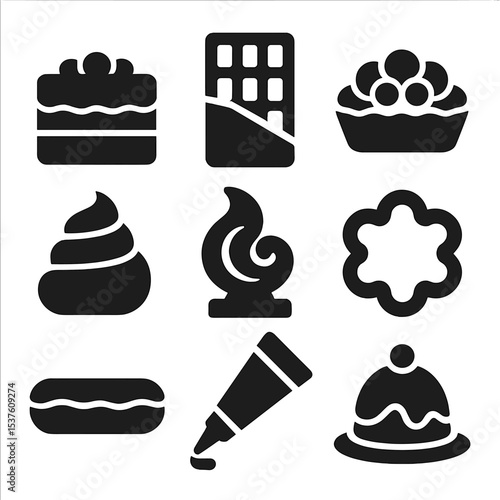 Dessert Icons Grid. Solid, filled icons set of dessert and pastry arts: layer cake, chocolate bar, fruit tart,
