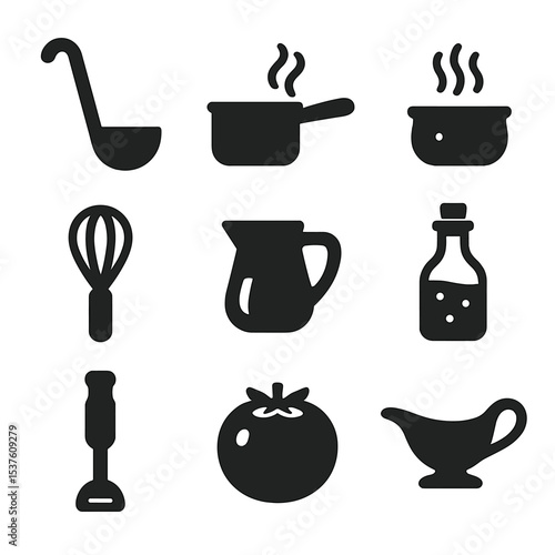 Sauce Making Icons. Solid, filled icons set of sauce making techniques: ladle, saucepan, reduction steam,