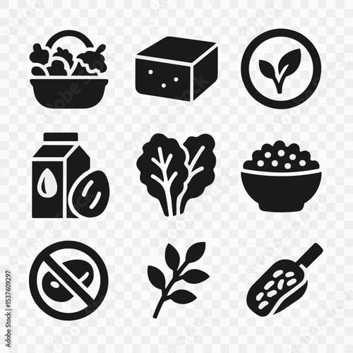 Vegetarian Icons Grid. Solid, filled icons set of vegetarian and vegan cooking: vegetable basket, tofu block,