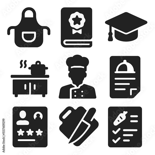 Culinary School Icons. Solid, filled icons set of culinary school tools: apron, training manual, skill badge,