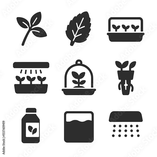 Indoor Herb Icons. Solid, filled icons set of indoor herb cultivation: basil sprig, mint leaf, hydro tray,