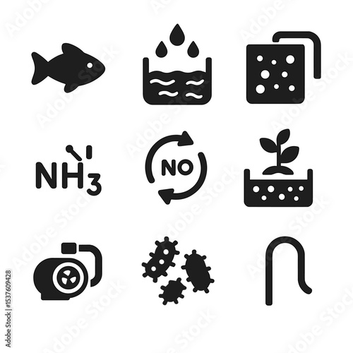 Aquaponics Cycle Icons. Solid, filled icons set of aquaponics fish and plant cycle: fish icon, waste water,