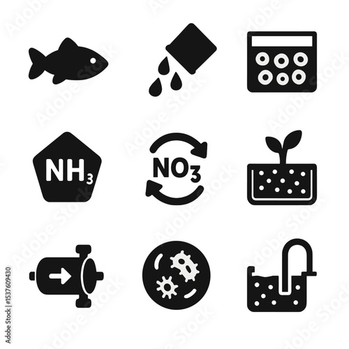 Aquaponics Cycle Icons. Solid, filled icons set of aquaponics fish and plant cycle: fish icon, waste water,