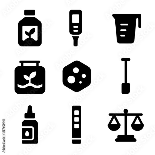 Hydroponics Essentials Icons. Solid, filled icons set of nutrient management in hydroponics: nutrient bottle,