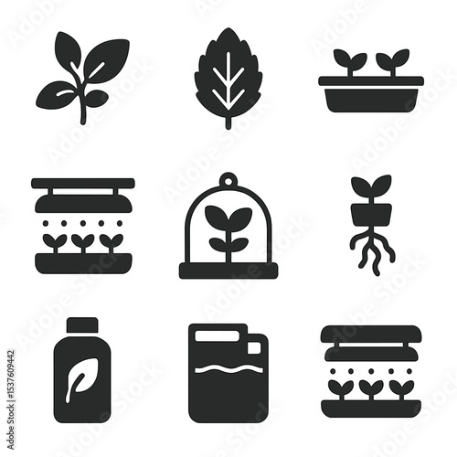 Indoor Herb Icons. Solid, filled icons set of indoor herb cultivation: basil sprig, mint leaf, hydro tray,