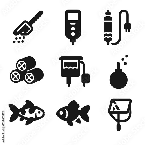 Aquaponic Fish Care Icons. Solid, filled icons set of aquaponic fish care: feeding scoop, water tester, fish