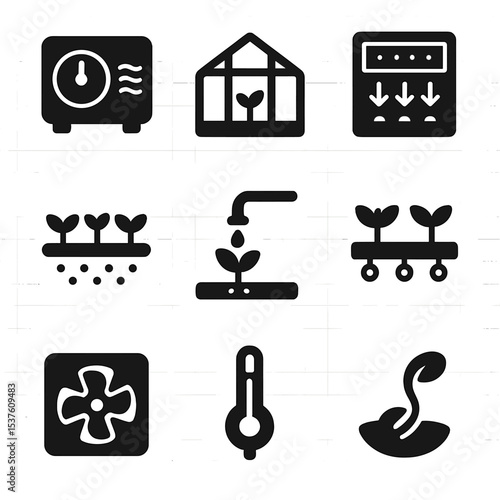 Hydroponics Icons Set. Solid, filled icons set of greenhouse hydroponics setup: climate control, glass