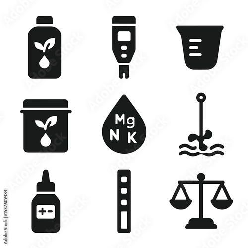 Hydroponics Essentials Icons. Solid, filled icons set of nutrient management in hydroponics: nutrient bottle,