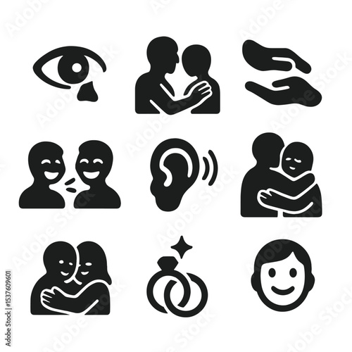 Emotional Connection Icons. Solid, filled icons set of emotional connection in relationships: eye contact,