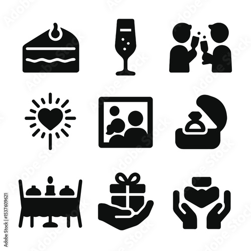 Anniversary Celebration Icons. Solid, filled icons set of anniversary and celebration moments: cake slice,