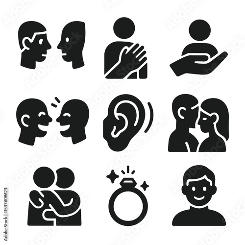 Emotional Connection Icons. Solid, filled icons set of emotional connection in relationships: eye contact,