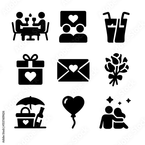 Romantic Icons Grid. Solid, filled icons set of romantic dates and gestures: candlelit dinner, movie night,