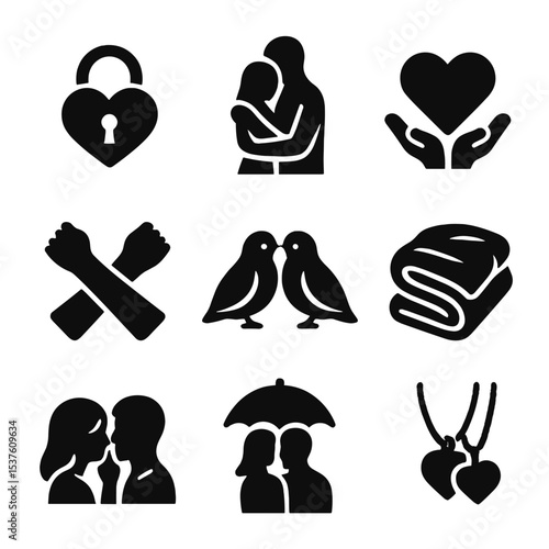 Love Icons Grid. Solid, filled icons set of love and intimacy symbols: heart lock, cuddle pose, holding heart,
