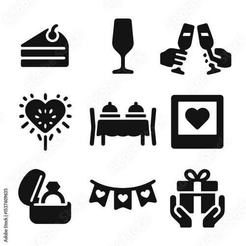 Anniversary Celebration Icons. Solid, filled icons set of anniversary and celebration moments: cake slice,