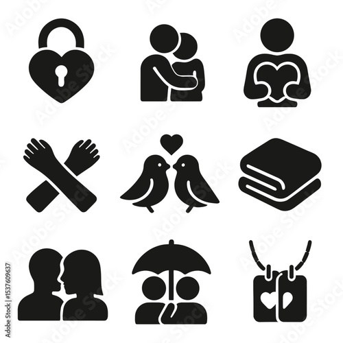 Love Icons Grid. Solid, filled icons set of love and intimacy symbols: heart lock, cuddle pose, holding heart,