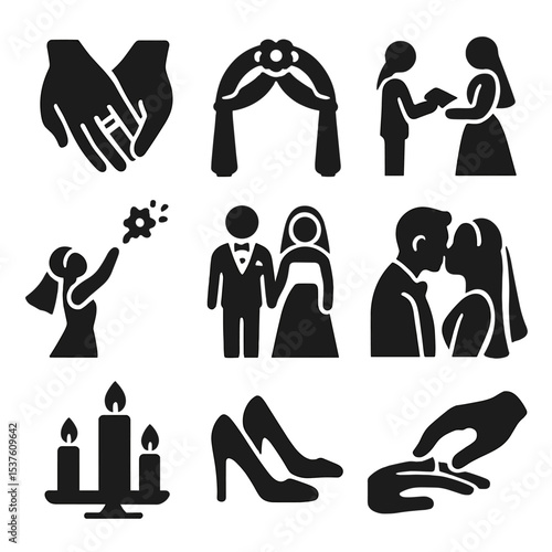 Wedding Icon Collection. Solid, filled icons set of wedding and engagement scenes: holding hands with rings,