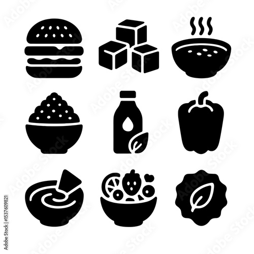 Vegan Meals Icons. Solid, filled icons set of vegetarian and vegan meals: veggie burger, tofu cubes, lentil