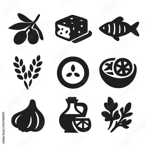 Mediterranean Diet Icons. Solid, filled icons set of Mediterranean diet foods: olive branch, feta cheese,