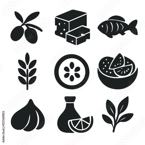 Mediterranean Diet Icons. Solid, filled icons set of Mediterranean diet foods: olive branch, feta cheese,