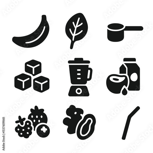 Smoothie Ingredient Icons. Solid, filled icons set of smoothie and juice ingredients: banana, spinach, protein