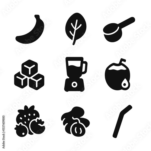 Smoothie Ingredient Icons. Solid, filled icons set of smoothie and juice ingredients: banana, spinach, protein