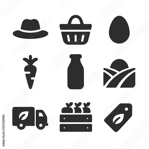 Farm-To-Table Icons. Solid, filled icons set of farm-to-table food: farmer hat, market basket, fresh egg,