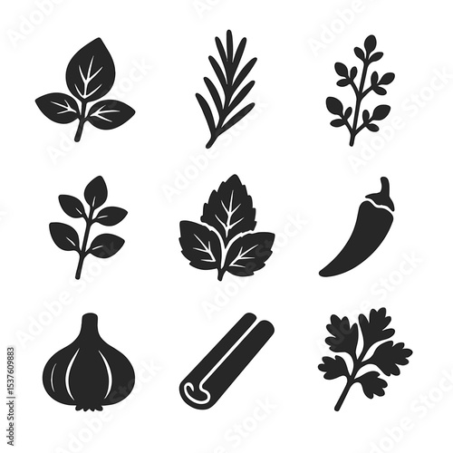 Herb and Spice Icons. Solid, filled icons set of fresh herbs and spices: basil leaf, rosemary sprig, thyme,