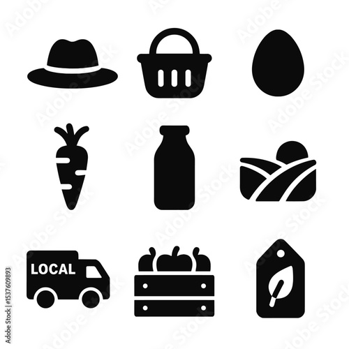 Farm-To-Table Icons. Solid, filled icons set of farm-to-table food: farmer hat, market basket, fresh egg,