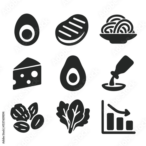 Low-Carb Meal Icons. Solid, filled icons set of low-carb and keto-friendly meals: boiled egg, grilled meat,