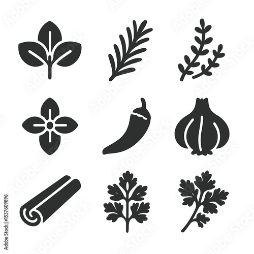 Herb and Spice Icons. Solid, filled icons set of fresh herbs and spices: basil leaf, rosemary sprig, thyme,