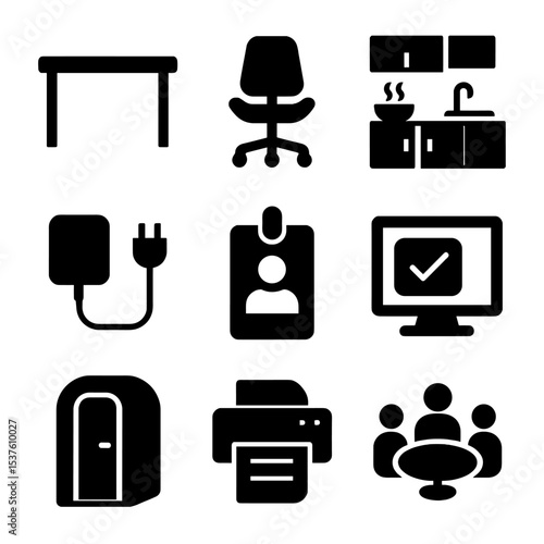 Coworking Office Icons. Solid, filled icons set of coworking office elements: open desk, modern chair,