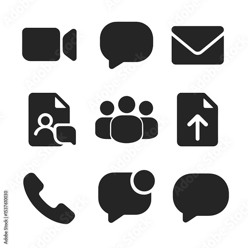 Corporate Communication Icons. Solid, filled icons set of corporate communication tools: video call, chat