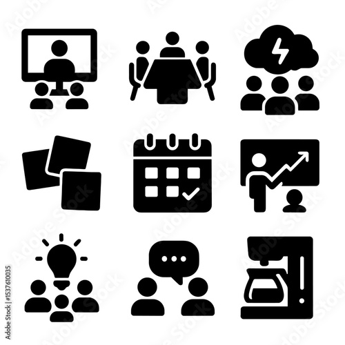 Modern Office Icons. Solid, filled icons set of modern office collaboration: shared screen, conference table,